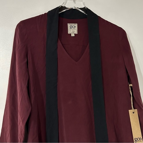 Go by Go Silk Bow Out Neck Tie Washable Silk Blouse Cabernet Black - Picture 2 of 7
